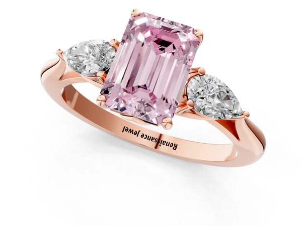 Rose gold Three-Stone Fancy Pink Emerald Cut Diamond Ring with Pear  Side Stones in Four-Prong Setting