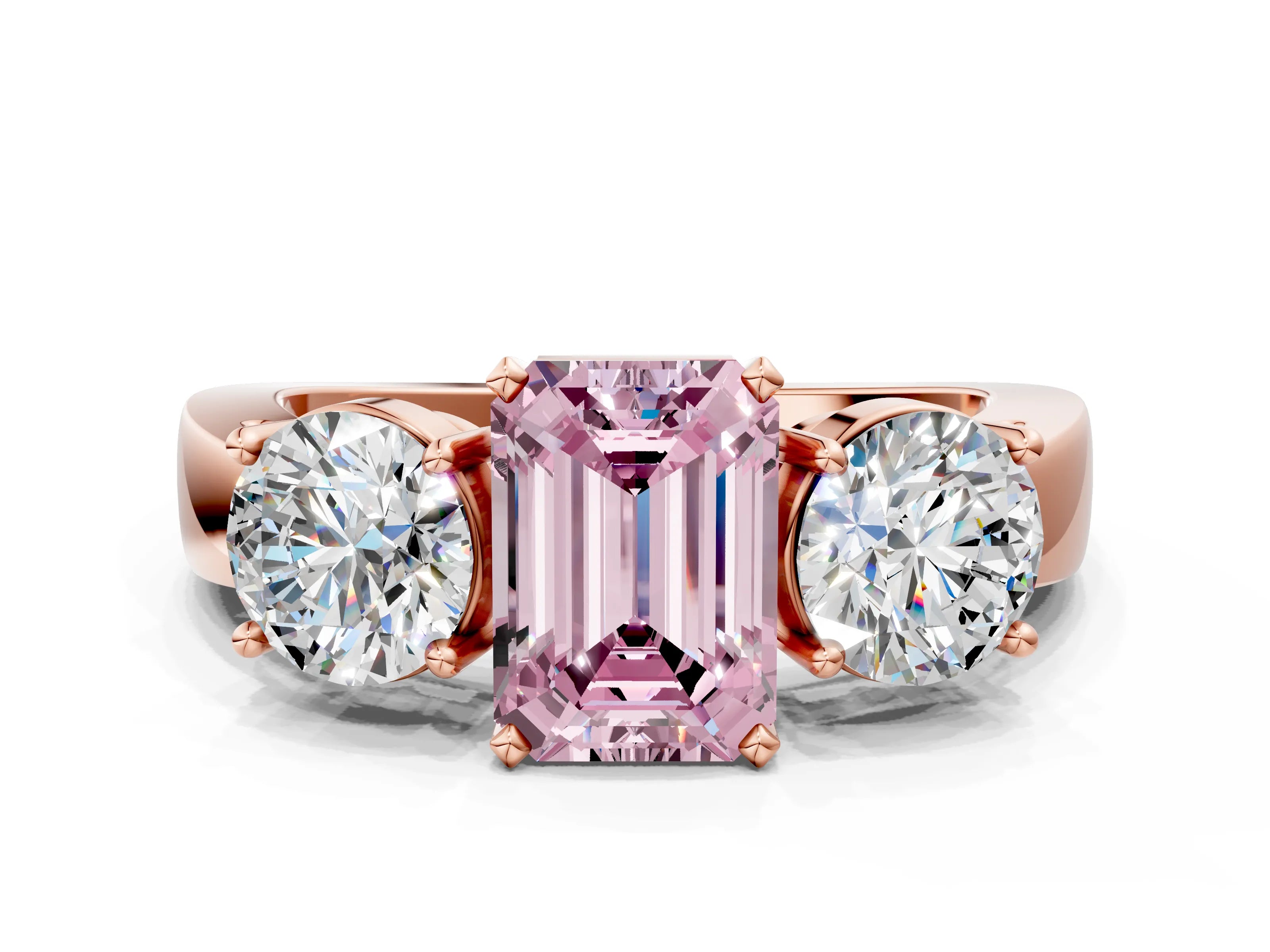 Rose gold Three-Stone Fancy Pink Emerald Cut Diamond Ring with Round Side Stones, Classic Band, and Four-Prong Setting