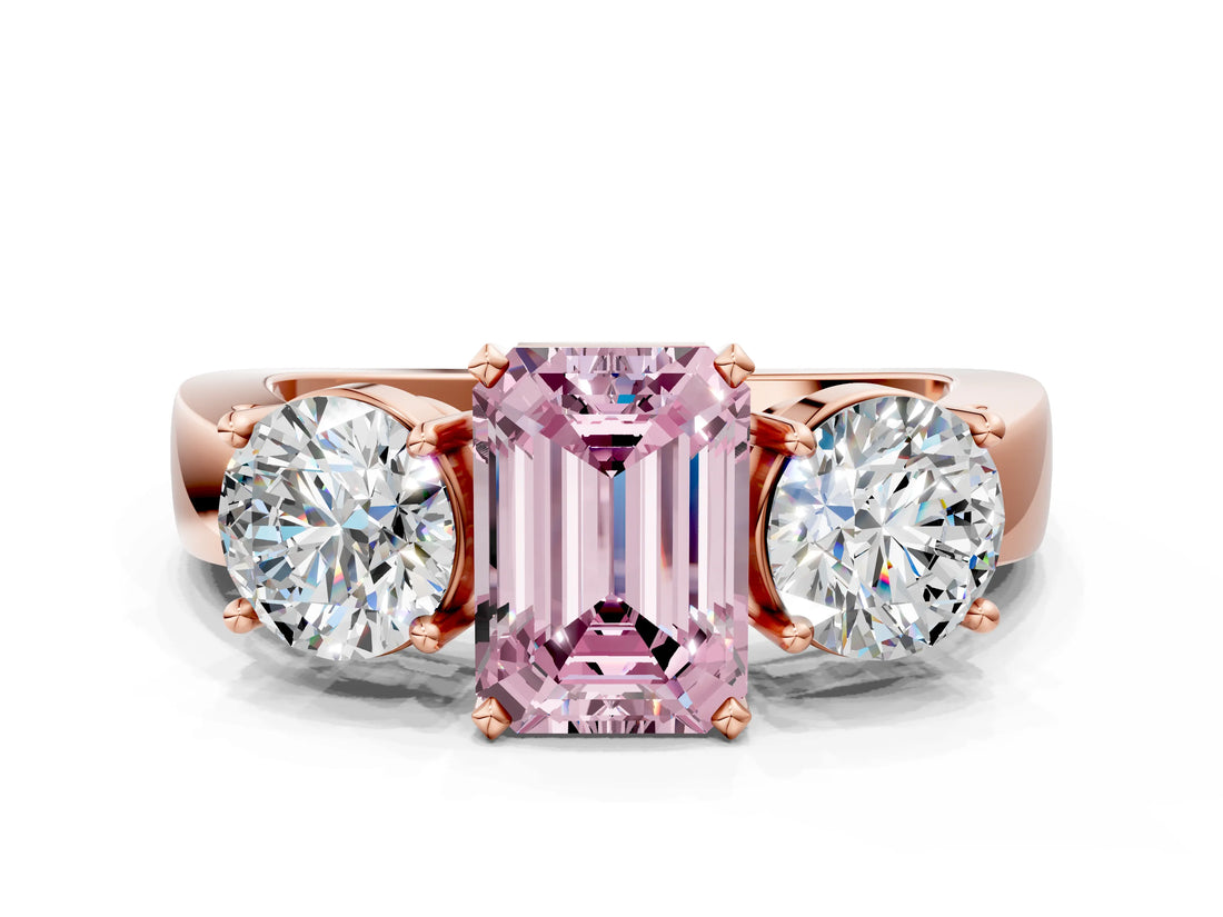 Rose gold Three-Stone Fancy Pink Emerald Cut Diamond Ring with Round Side Stones, Classic Band, and Four-Prong Setting