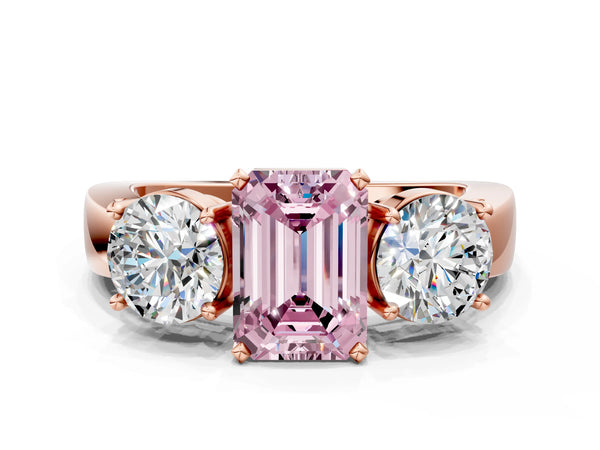 Rose gold Three-Stone Fancy Pink Emerald Cut Diamond Ring with Round Side Stones, Classic Band, and Four-Prong Setting