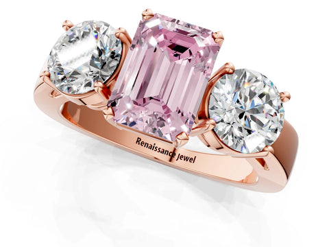 Rose gold Three-Stone Fancy Pink Emerald Cut Diamond Ring with Round Side Stones, Classic Band, and Four-Prong Setting_1