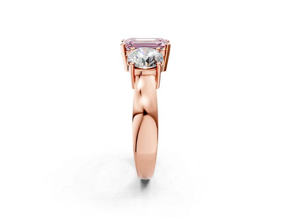 Rose gold Three-Stone Fancy Pink Emerald Cut Diamond Ring with Round Side Stones, Classic Band, and Four-Prong Setting