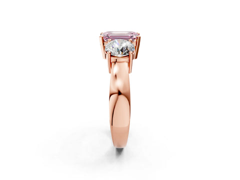 Rose gold Three-Stone Fancy Pink Emerald Cut Diamond Ring with Round Side Stones, Classic Band, and Four-Prong Setting_2