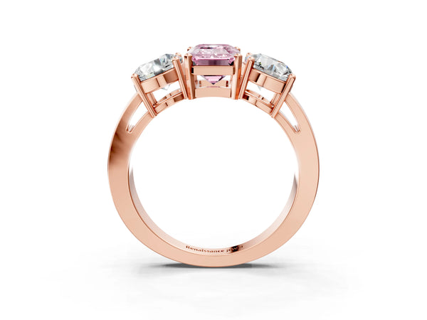 Rose gold Three-Stone Fancy Pink Emerald Cut Diamond Ring with Round Side Stones, Classic Band, and Four-Prong Setting