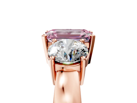 Rose gold Three-Stone Fancy Pink Emerald Cut Diamond Ring with Round Side Stones, Classic Band, and Four-Prong Setting_5