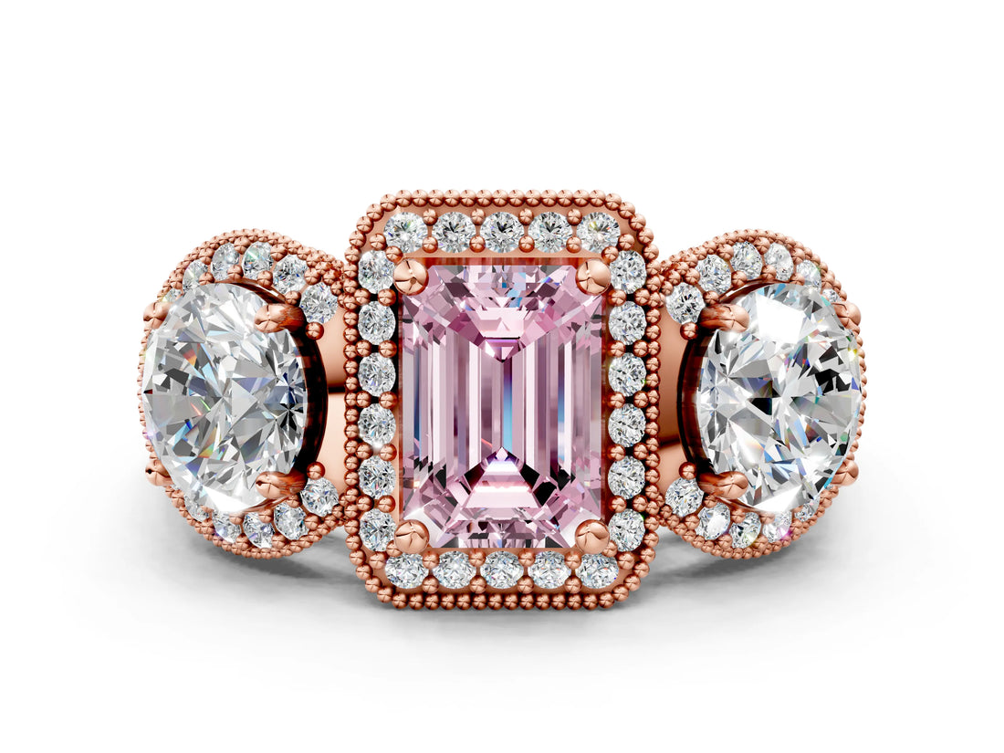 Rose gold Three-Stone Fancy Pink Emerald Cut Halo Diamond Milgrain Band with Four-Prong Setting