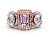 Rose gold Three-Stone Fancy Pink Emerald Cut Halo Diamond Milgrain Band with Four-Prong Setting