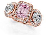 Rose gold Three-Stone Fancy Pink Emerald Cut Halo Diamond Milgrain Band with Four-Prong Setting_1