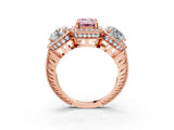 Rose gold Three-Stone Fancy Pink Emerald Cut Halo Diamond Milgrain Band with Four-Prong Setting_3