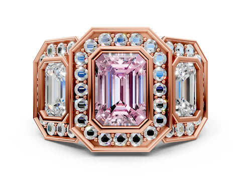 Rose gold Three-Stone Fancy Pink Emerald Cut Halo Pavé Diamond Ring_12