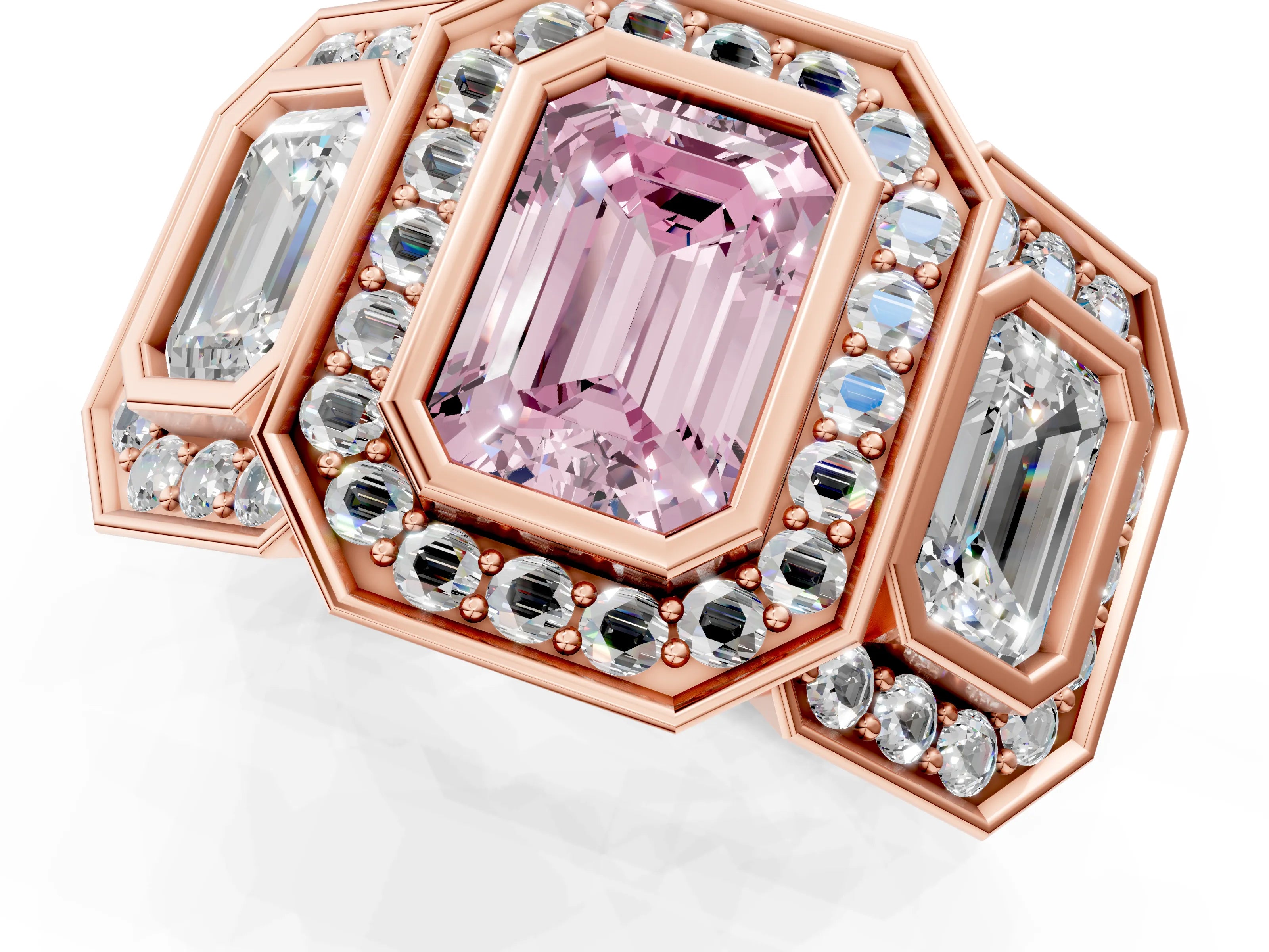 Rose gold Three-Stone Fancy Pink Emerald Cut Halo Pavé Diamond Ring_13