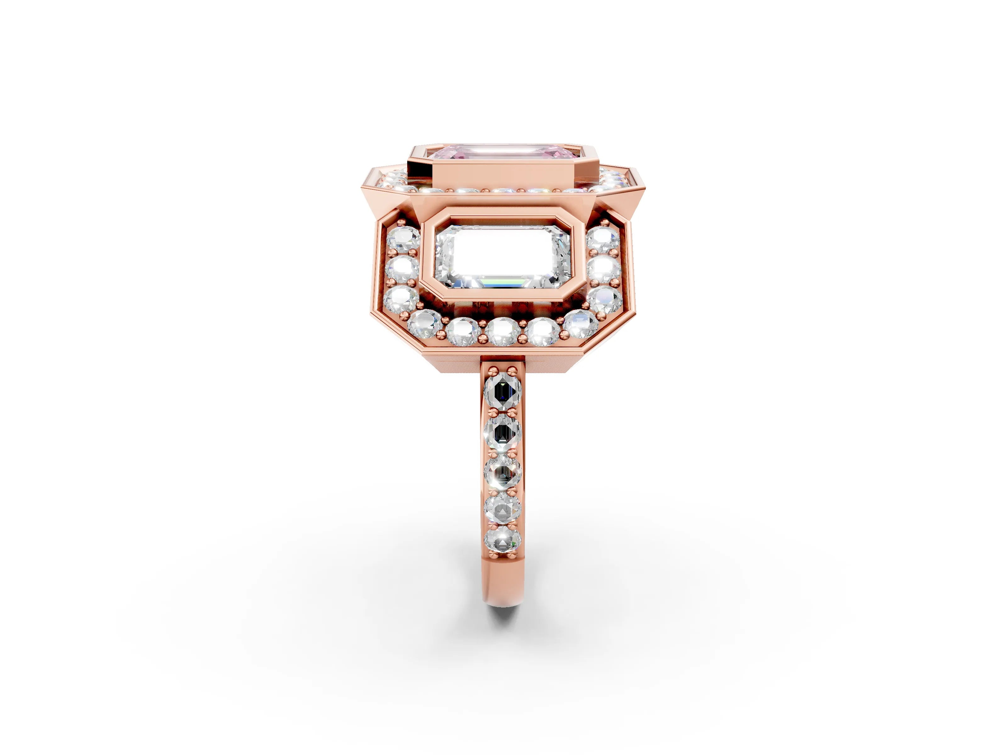 Rose gold Three-Stone Fancy Pink Emerald Cut Halo Pavé Diamond Ring_14
