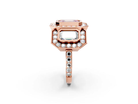 Rose gold Three-Stone Fancy Pink Emerald Cut Halo Pavé Diamond Ring_14