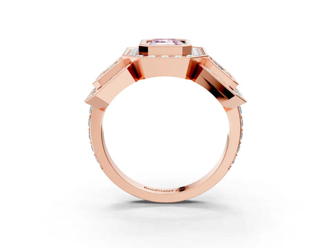 Rose gold Three-Stone Fancy Pink Emerald Cut Halo Pavé Diamond Ring_15
