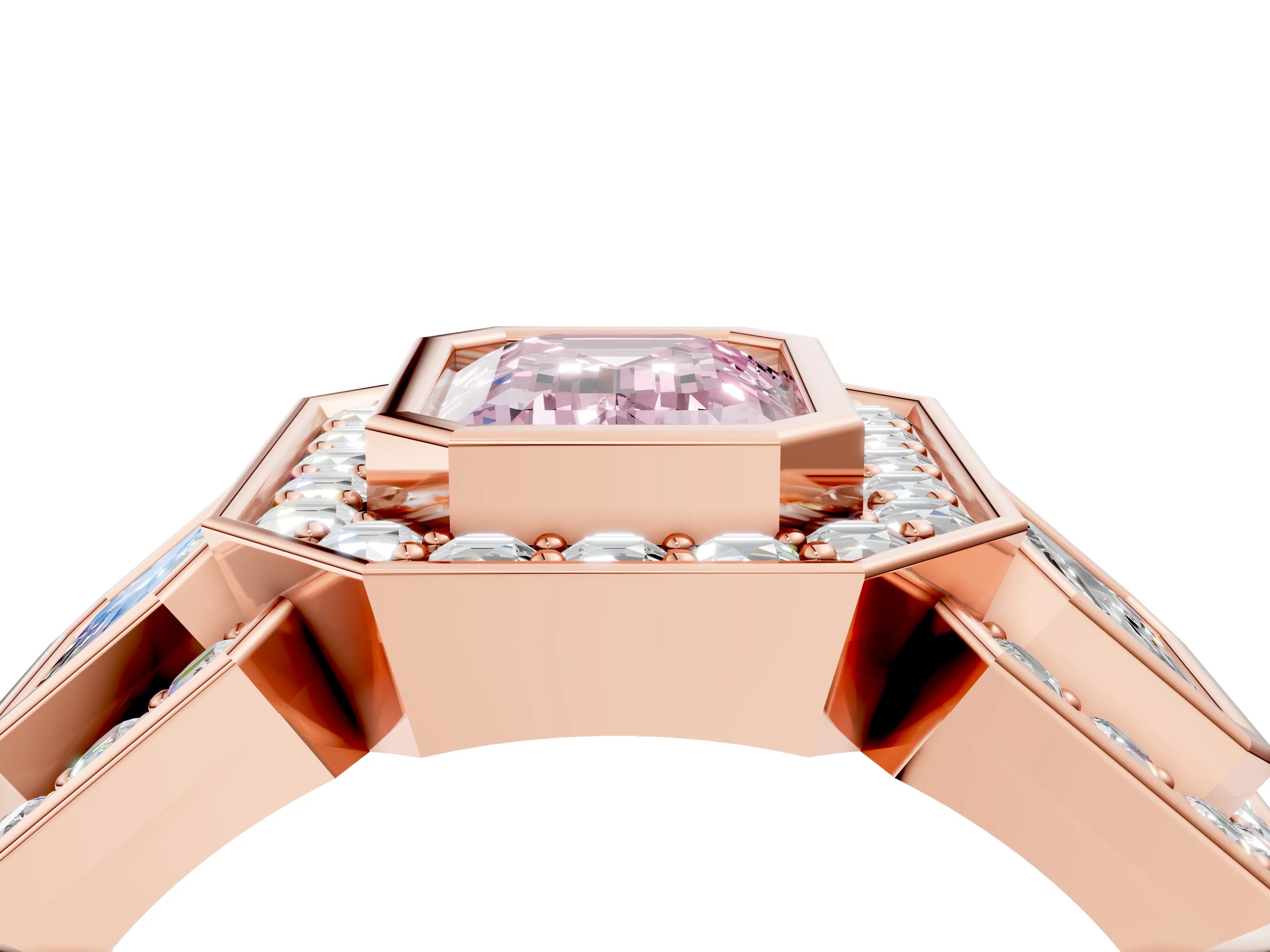 Rose gold Three-Stone Fancy Pink Emerald Cut Halo Pavé Diamond Ring_16