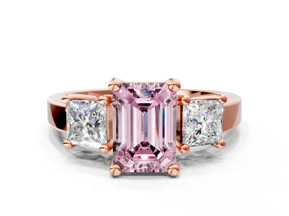 Rose gold Three-Stone Fancy Pink Emerald  Cut Solitaire Ring with Prong Setting_3