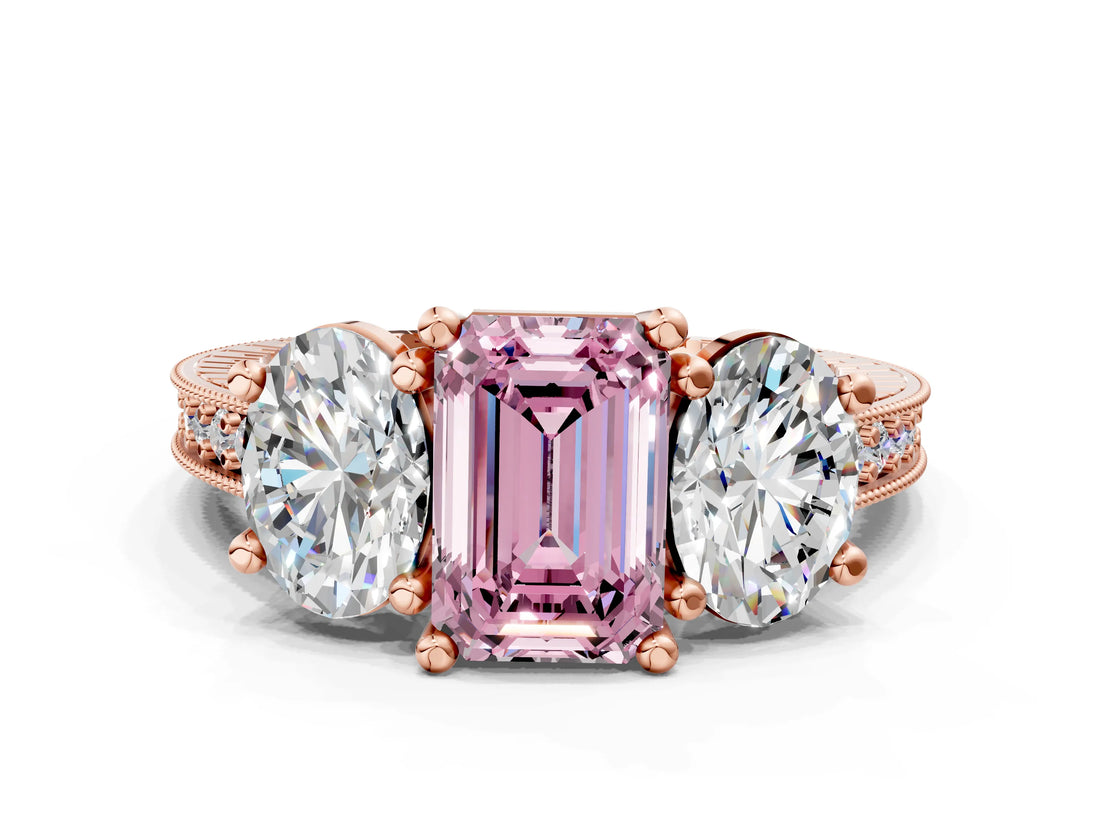 Rose gold Three-Stone Fancy Pink Emerald  Diamond Milgrain Pave Band with Prong Setting