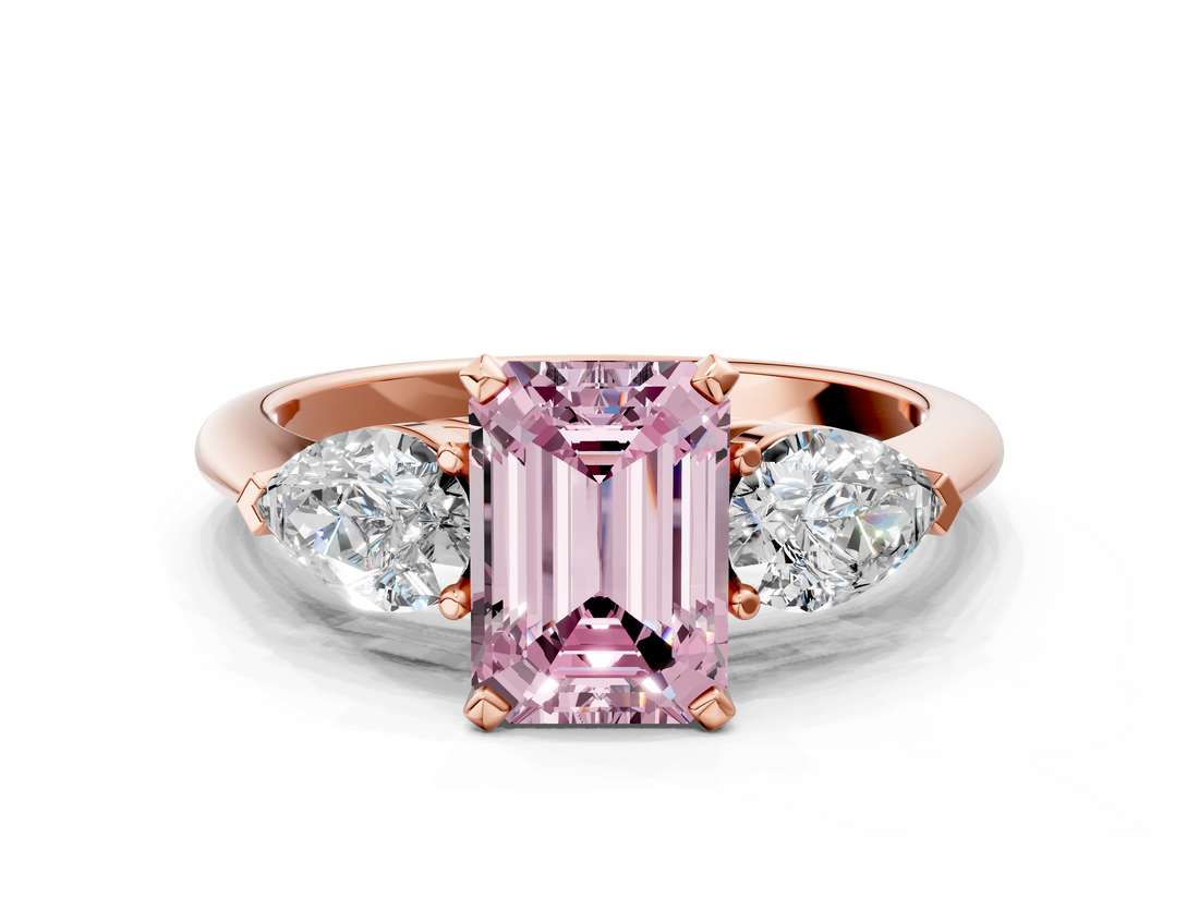 Rose gold Three-Stone Fancy Pink Emerald  Diamond Ring with Pear Side Stones in Four-Prong Setting_59