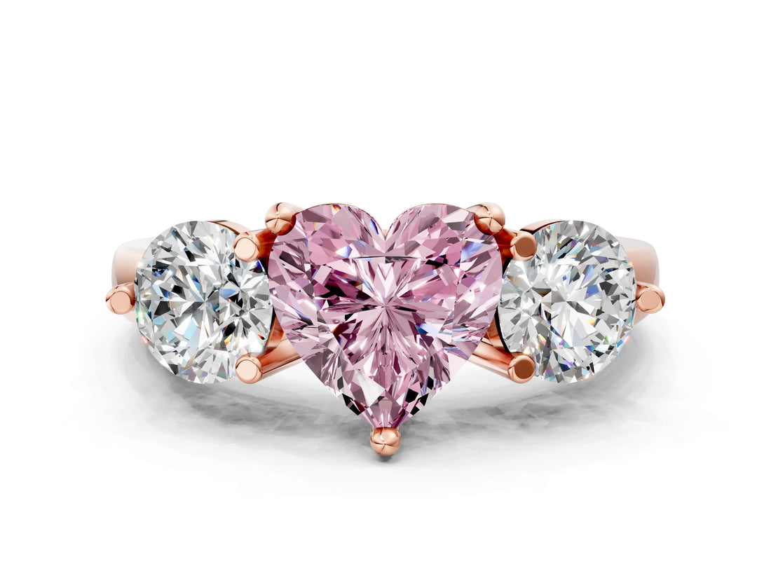 Rose gold Three-Stone Fancy Pink Heart  Brilliant Cut Solitaire Ring with Prong Setting on a Classic Band