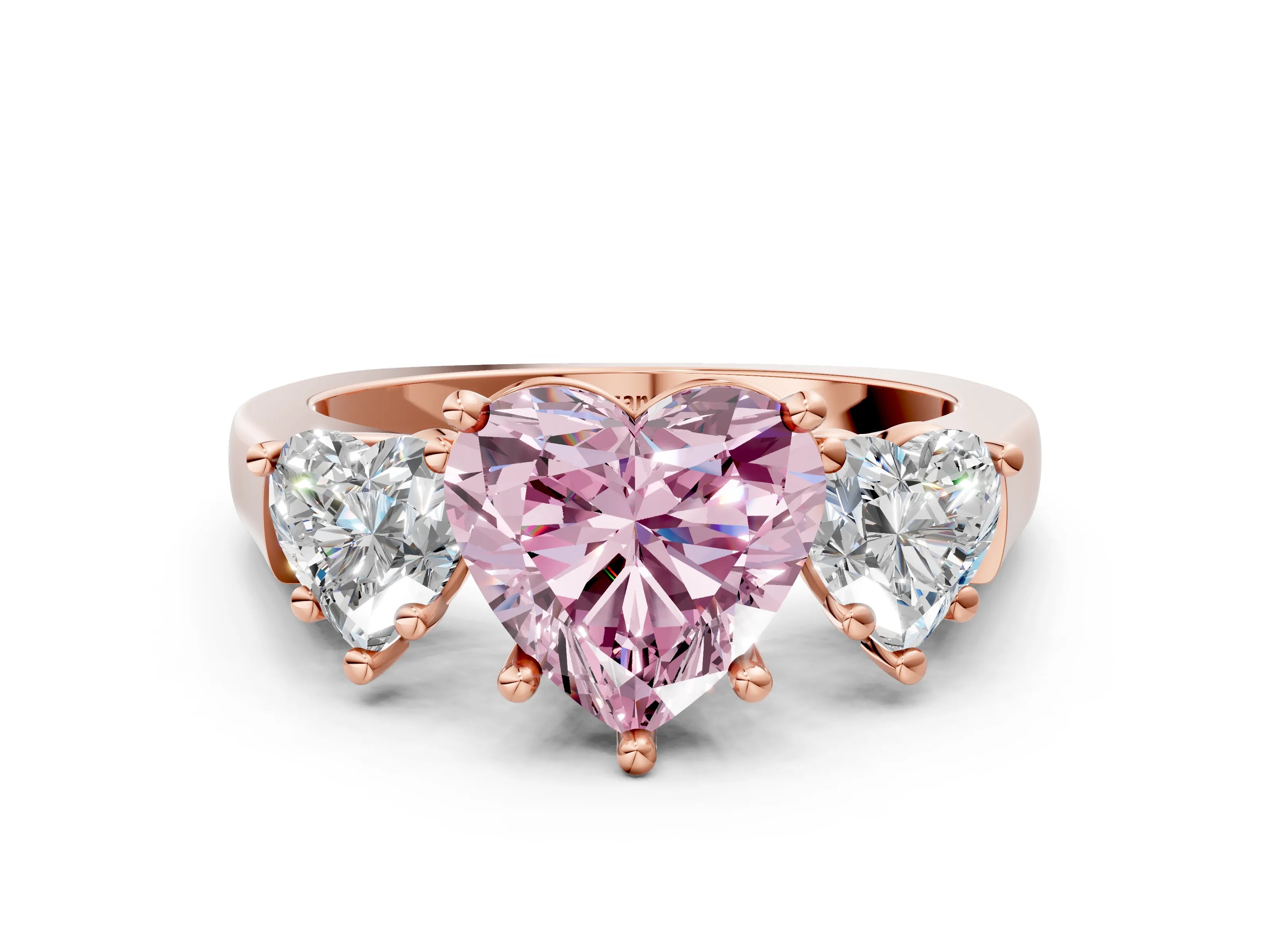 Rose gold Three-Stone Fancy Pink Heart Cut Brilliant Diamond Trellis Ring with Comfort Fit Band