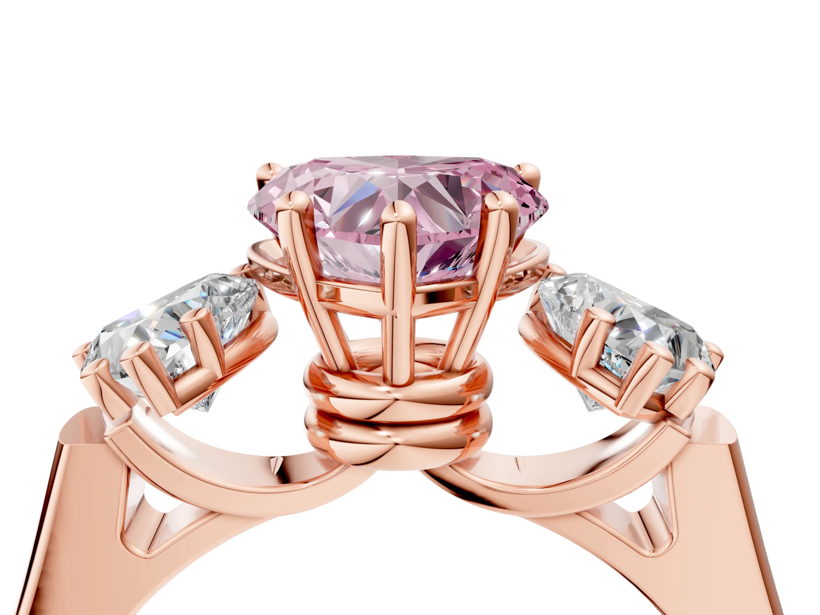 Rose gold Three-Stone Fancy Pink Heart Cut Brilliant Diamond Trellis Ring with Comfort Fit Band_4