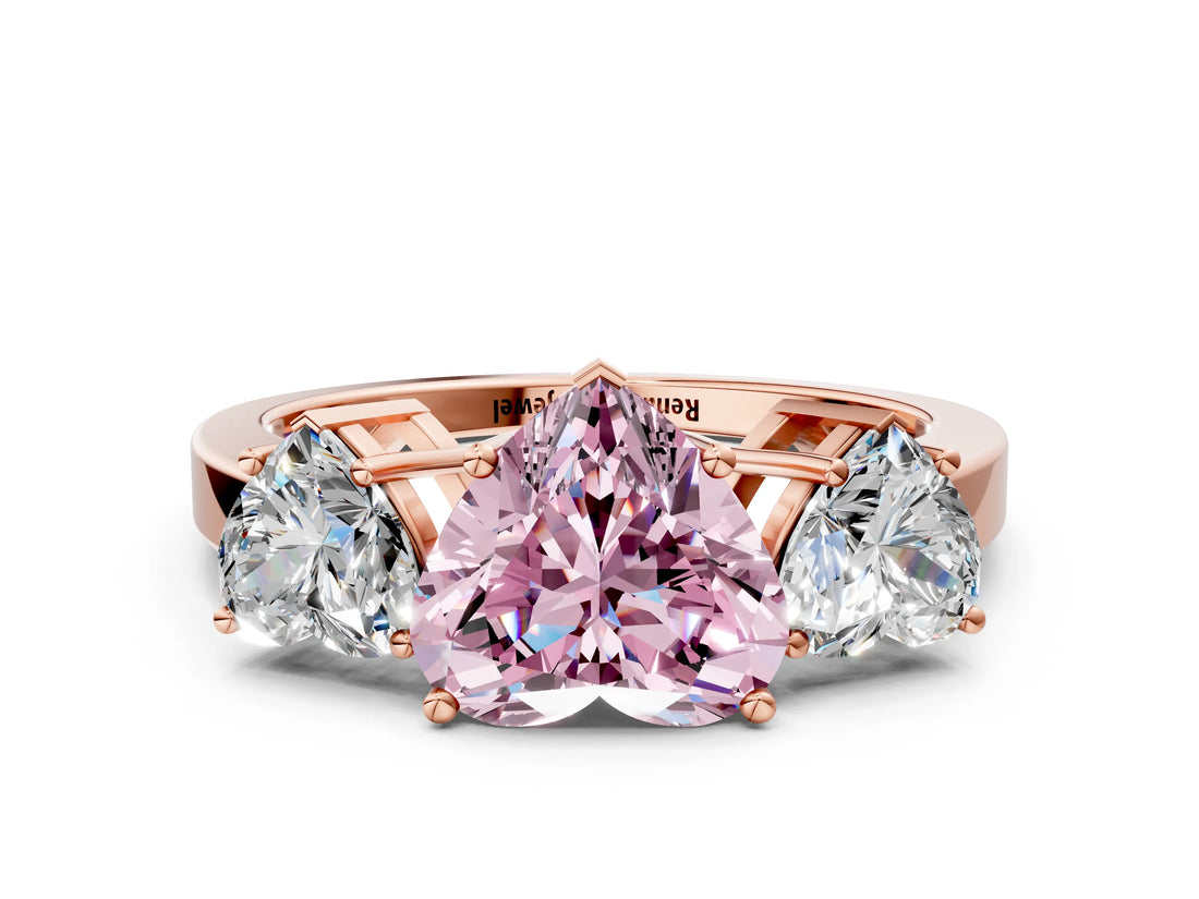 Rose gold Three-Stone Fancy Pink Heart Cut Cut Diamond Engagement Ring with Flat Band and Four-Prong Setting_12