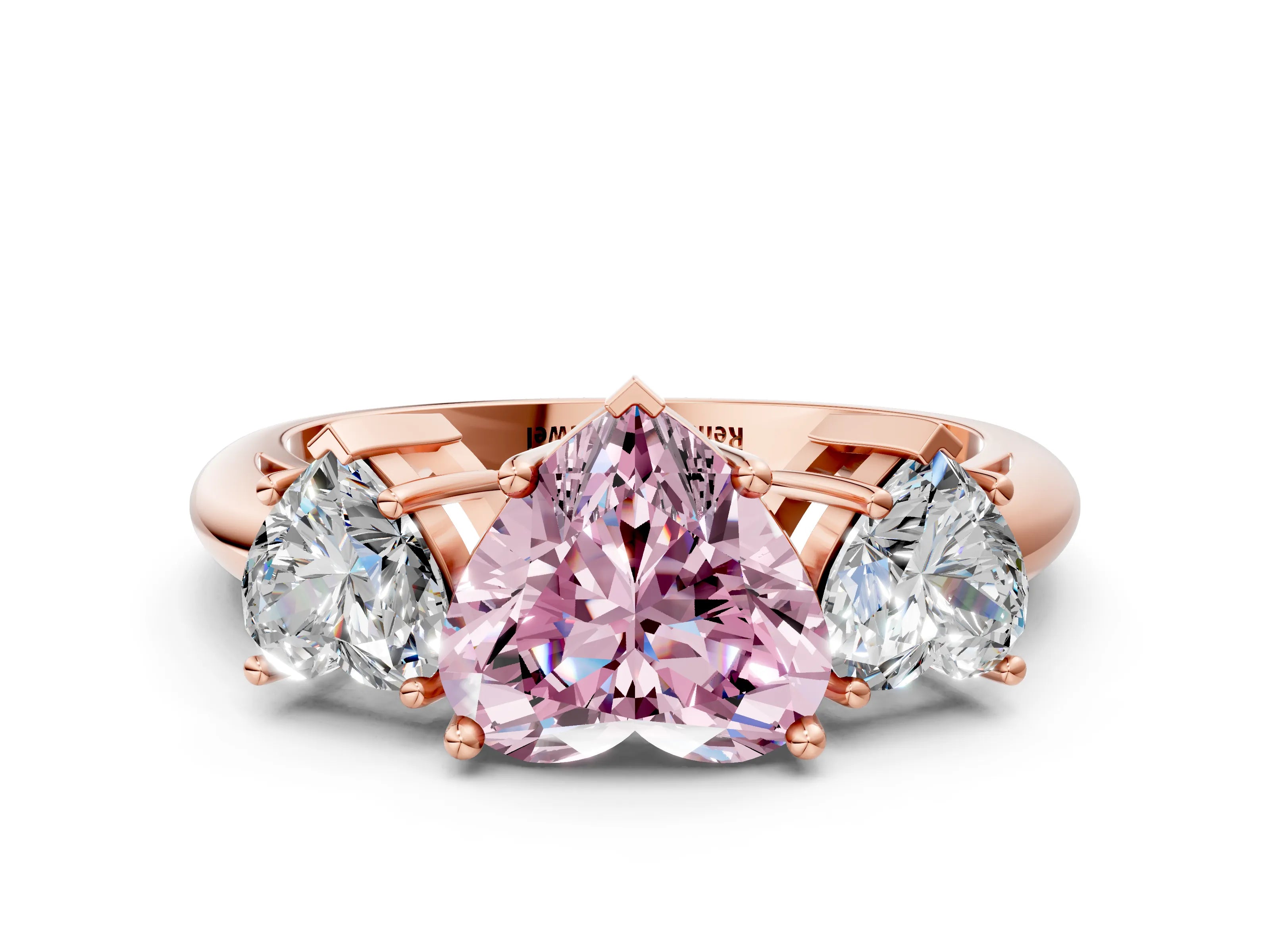 Rose gold Three-Stone Fancy Pink Heart Cut Cut Diamond Engagement Ring with Prong Setting on a White Gold Band
