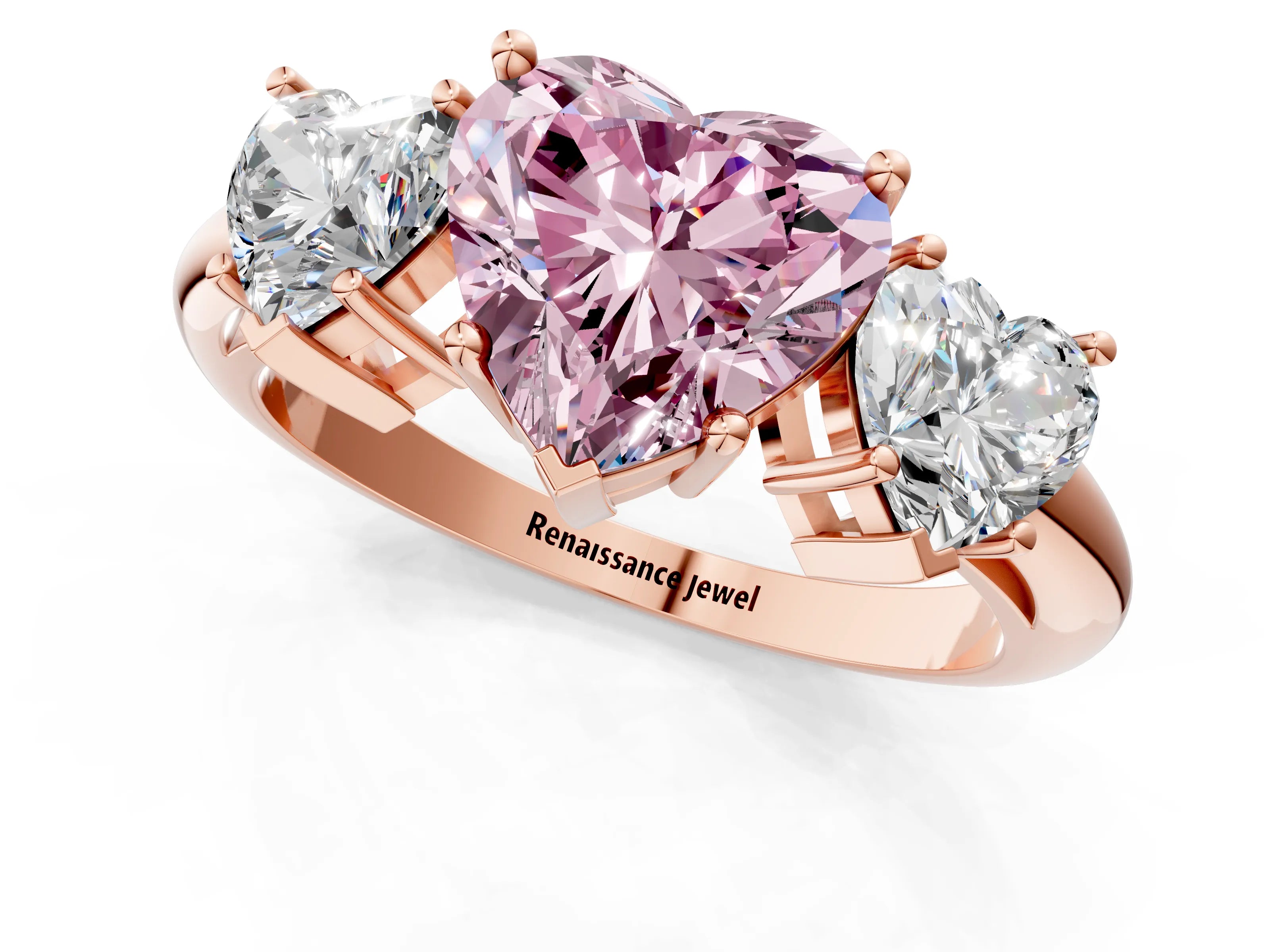 Rose gold Three-Stone Fancy Pink Heart Cut Cut Diamond Engagement Ring with Prong Setting on a White Gold Band_1