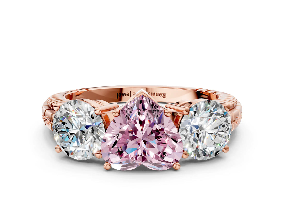 Rose gold Three-Stone Fancy Pink Heart Cut Cut Diamond Ring with Channel-Set Band and Prong Setting