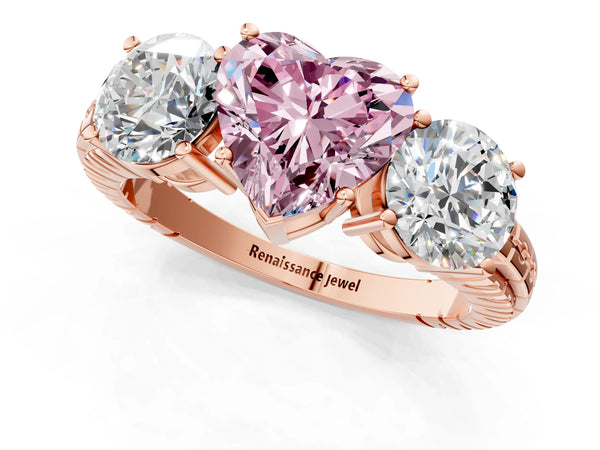 Rose gold Three-Stone Fancy Pink Heart Cut Cut Diamond Ring with Channel-Set Band and Prong Setting