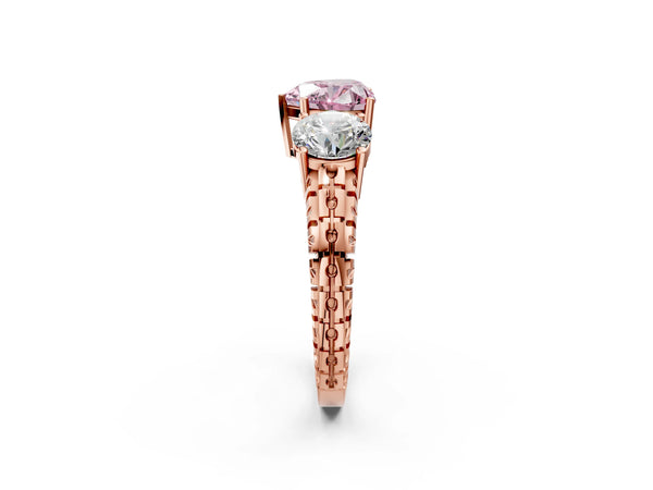 Rose gold Three-Stone Fancy Pink Heart Cut Cut Diamond Ring with Channel-Set Band and Prong Setting