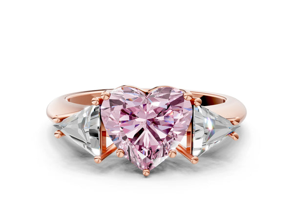 Rose gold Three-Stone Fancy Pink Heart Cut Cut Diamond Ring with Trillion Side Stones and Four-Prong Setting