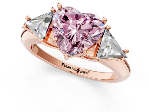 Rose gold Three-Stone Fancy Pink Heart Cut Cut Diamond Ring with Trillion Side Stones and Four-Prong Setting_4