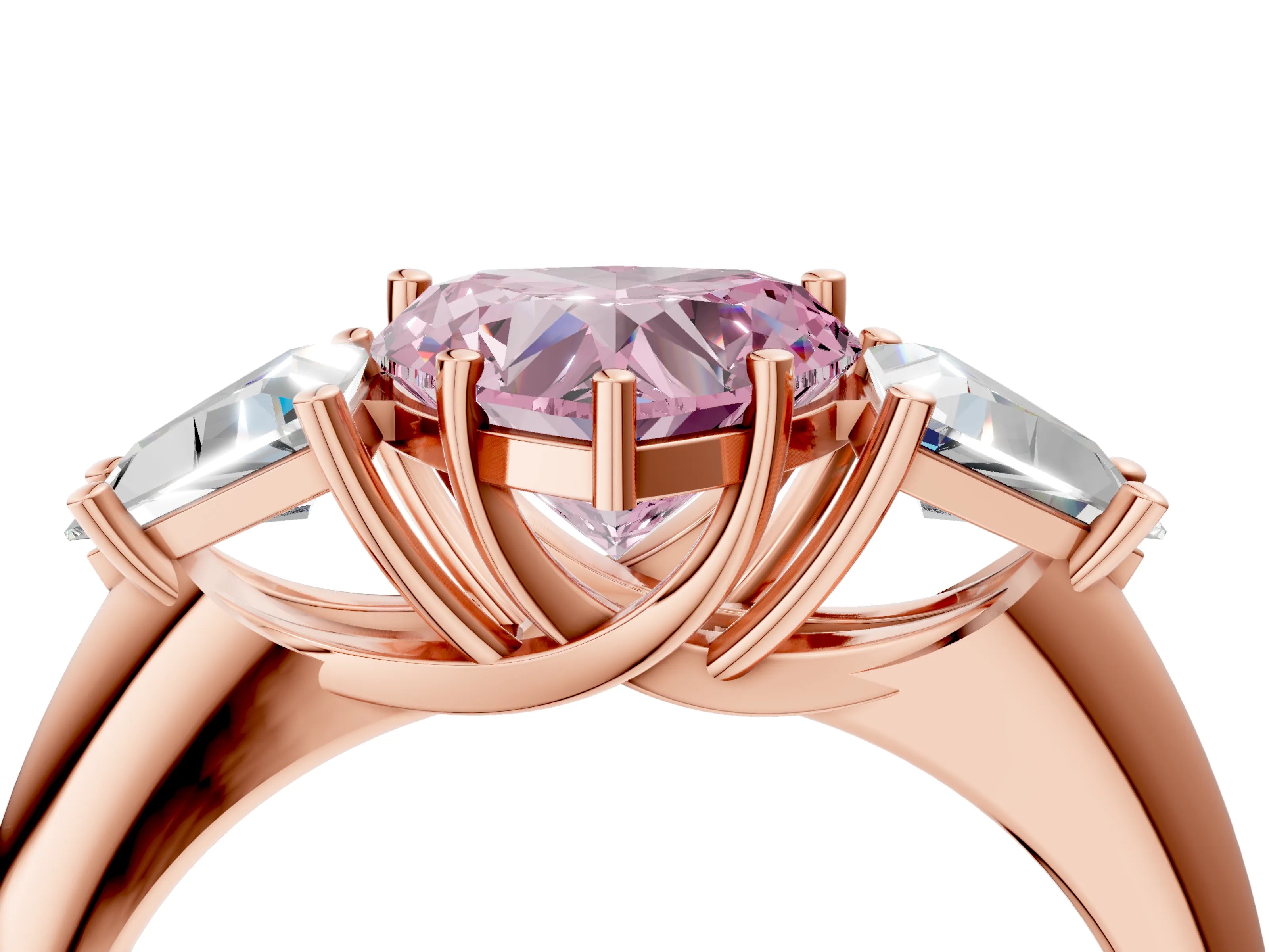 Rose gold Three-Stone Fancy Pink Heart Cut Cut Diamond Ring with Trillion Side Stones and Four-Prong Setting_7
