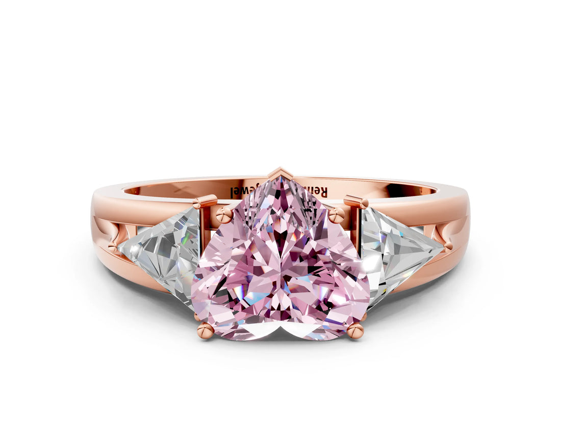 Rose gold Three-Stone Fancy Pink Heart Cut Cut Diamond Ring with Trillion Side Stones on a Split Shank Band
