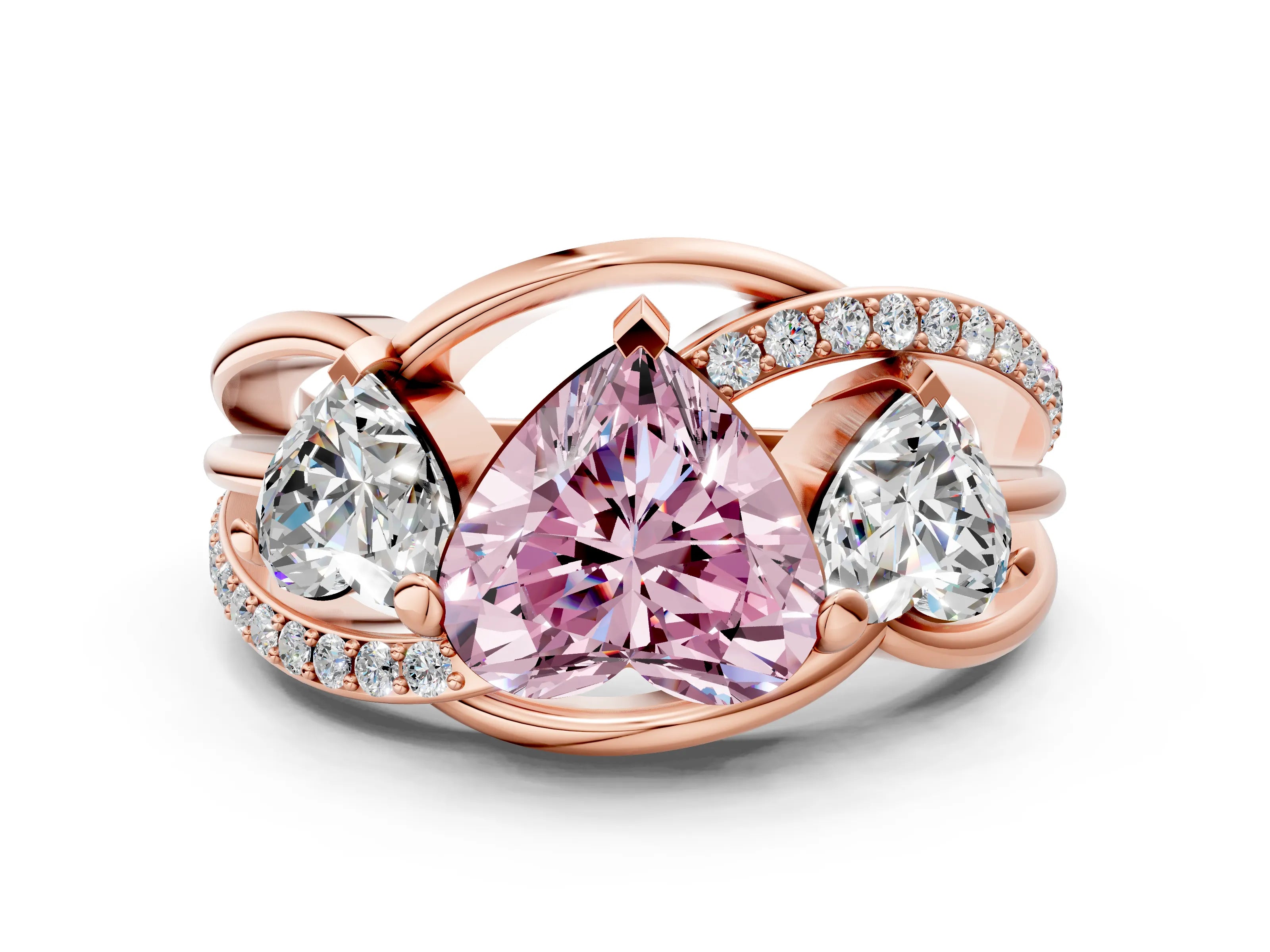 Rose gold Three-Stone Fancy Pink Heart Cut Cut Diamond Split Shank Prong Set Ring