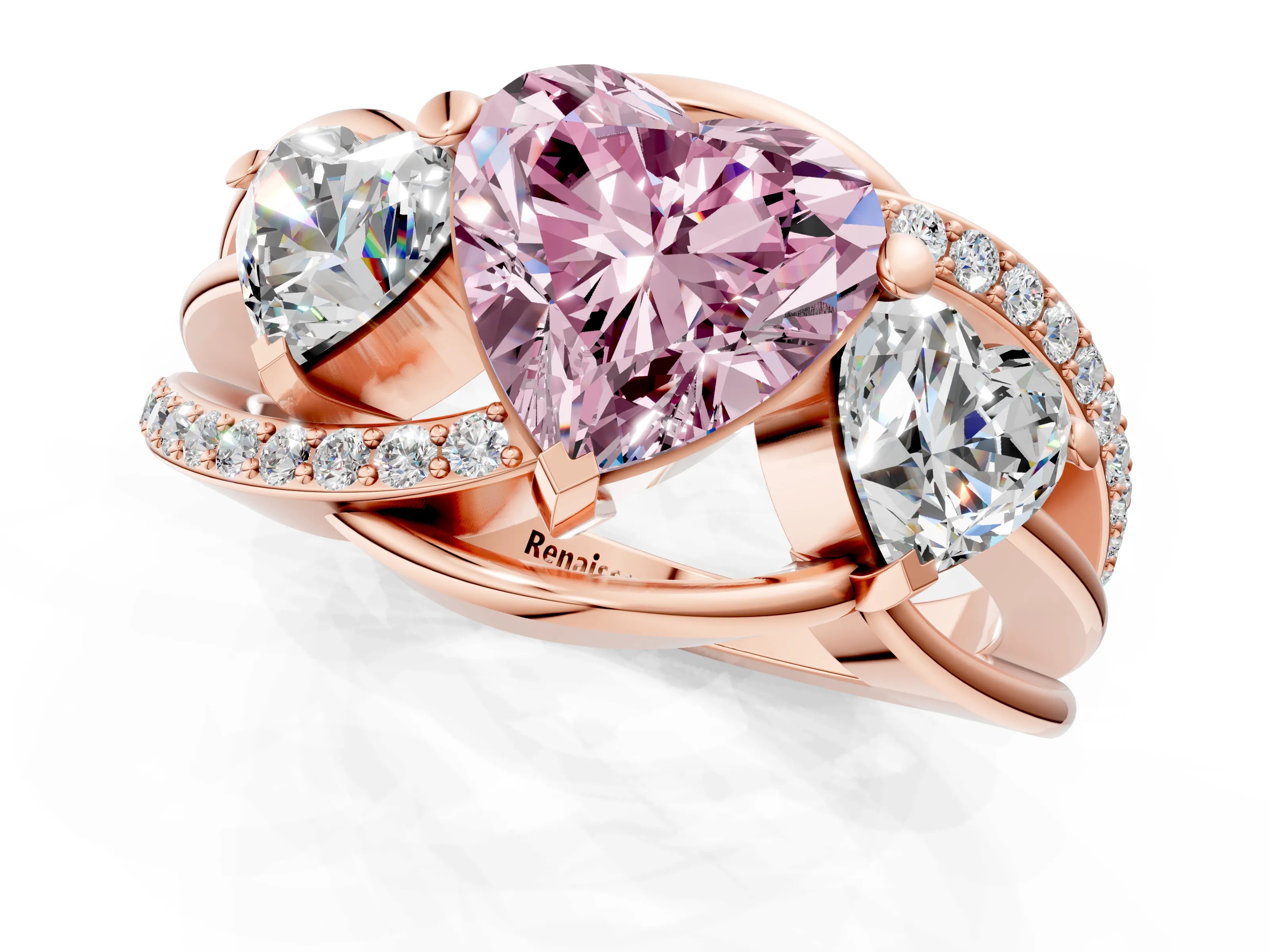 Rose gold Three-Stone Fancy Pink Heart Cut Cut Diamond Split Shank Prong Set Ring_1