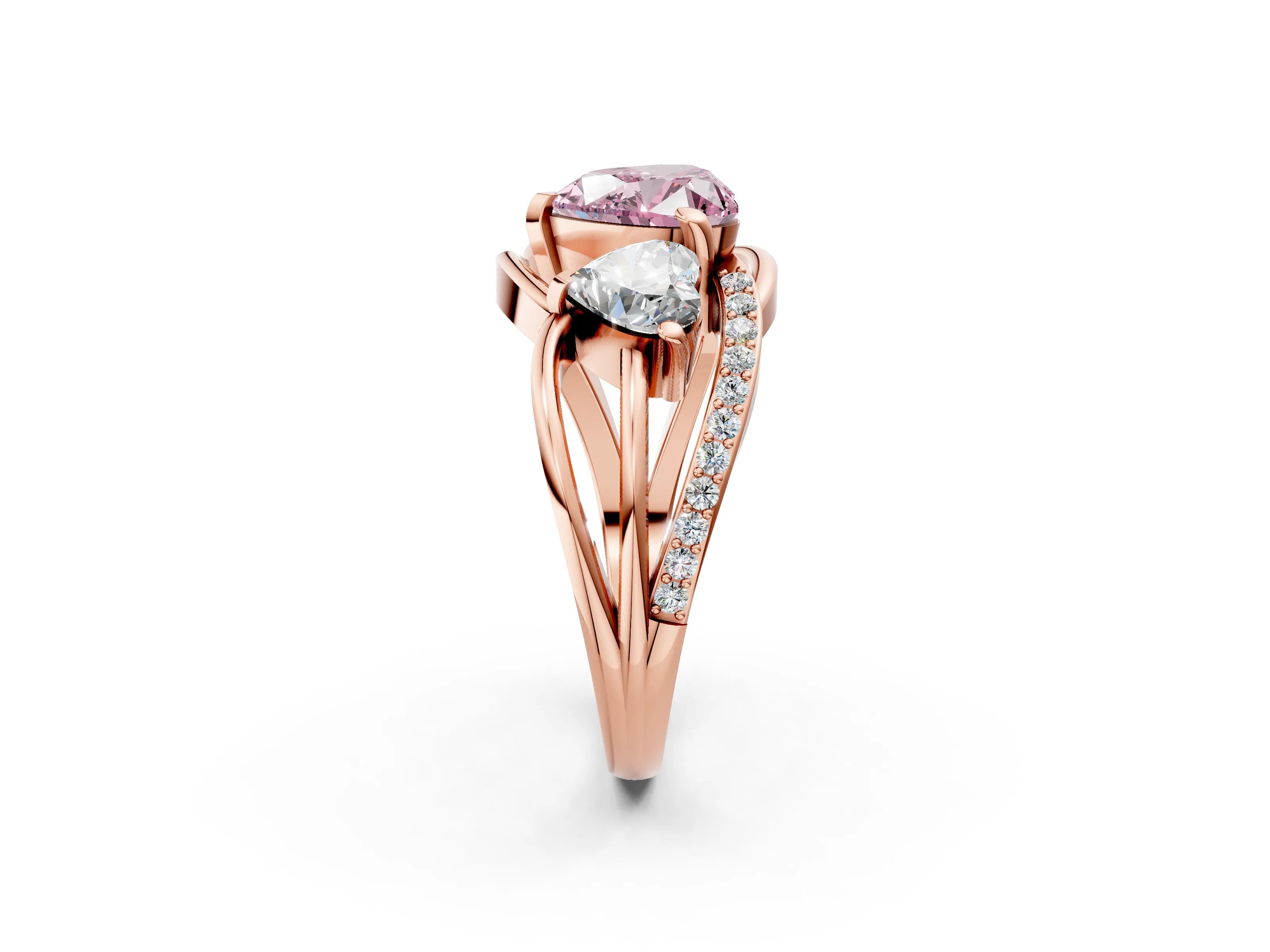 Rose gold Three-Stone Fancy Pink Heart Cut Cut Diamond Split Shank Prong Set Ring_2