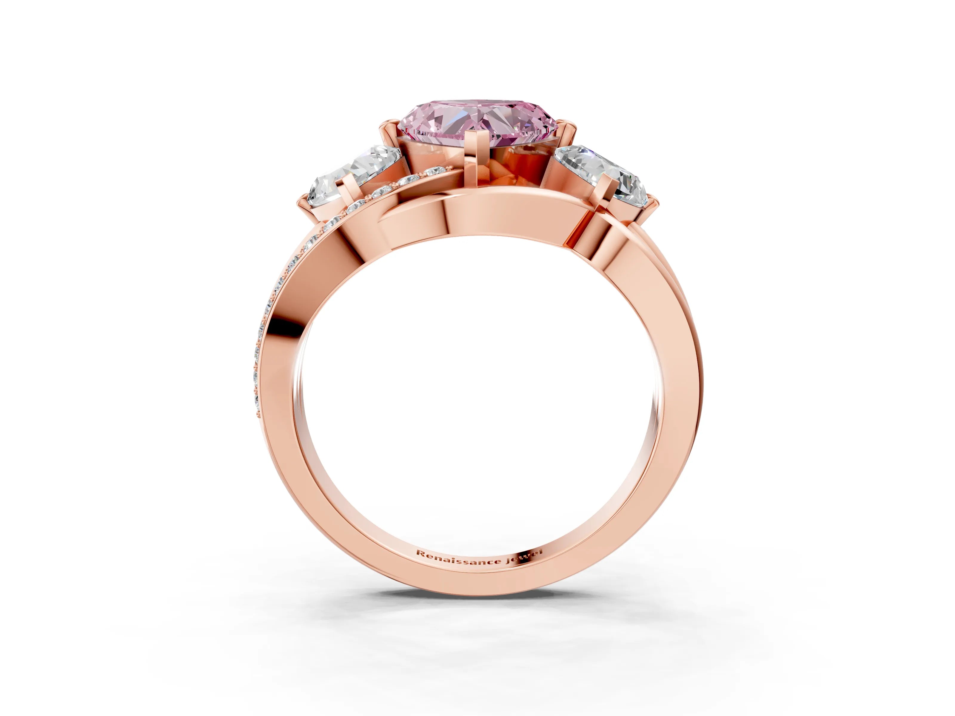 Rose gold Three-Stone Fancy Pink Heart Cut Cut Diamond Split Shank Prong Set Ring_3