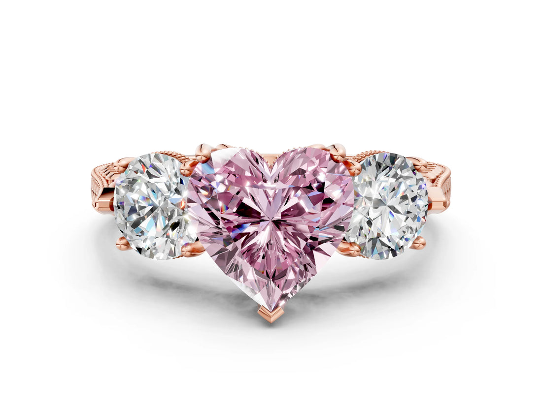 Rose gold Three-Stone Fancy Pink Heart Cut Cut Milgrain Band Prong Setting Ring_6