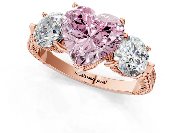 Rose Gold Heart-Shaped Vintage Three Stone Engagement Ring Setting for Fancy Pink Center