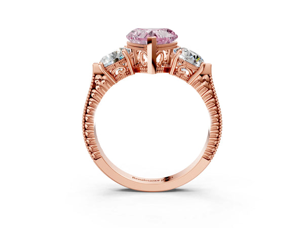 Rose Gold Heart-Shaped Vintage Three Stone Engagement Ring Setting for Fancy Pink Center