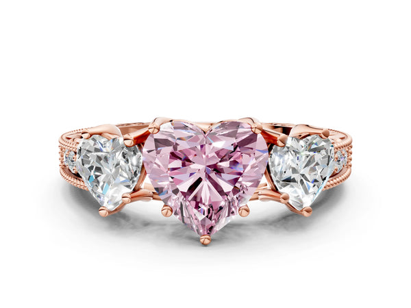 Rose gold Three-Stone Fancy Pink Heart Cut Cut Milgrain Pavé Engagement Ring
