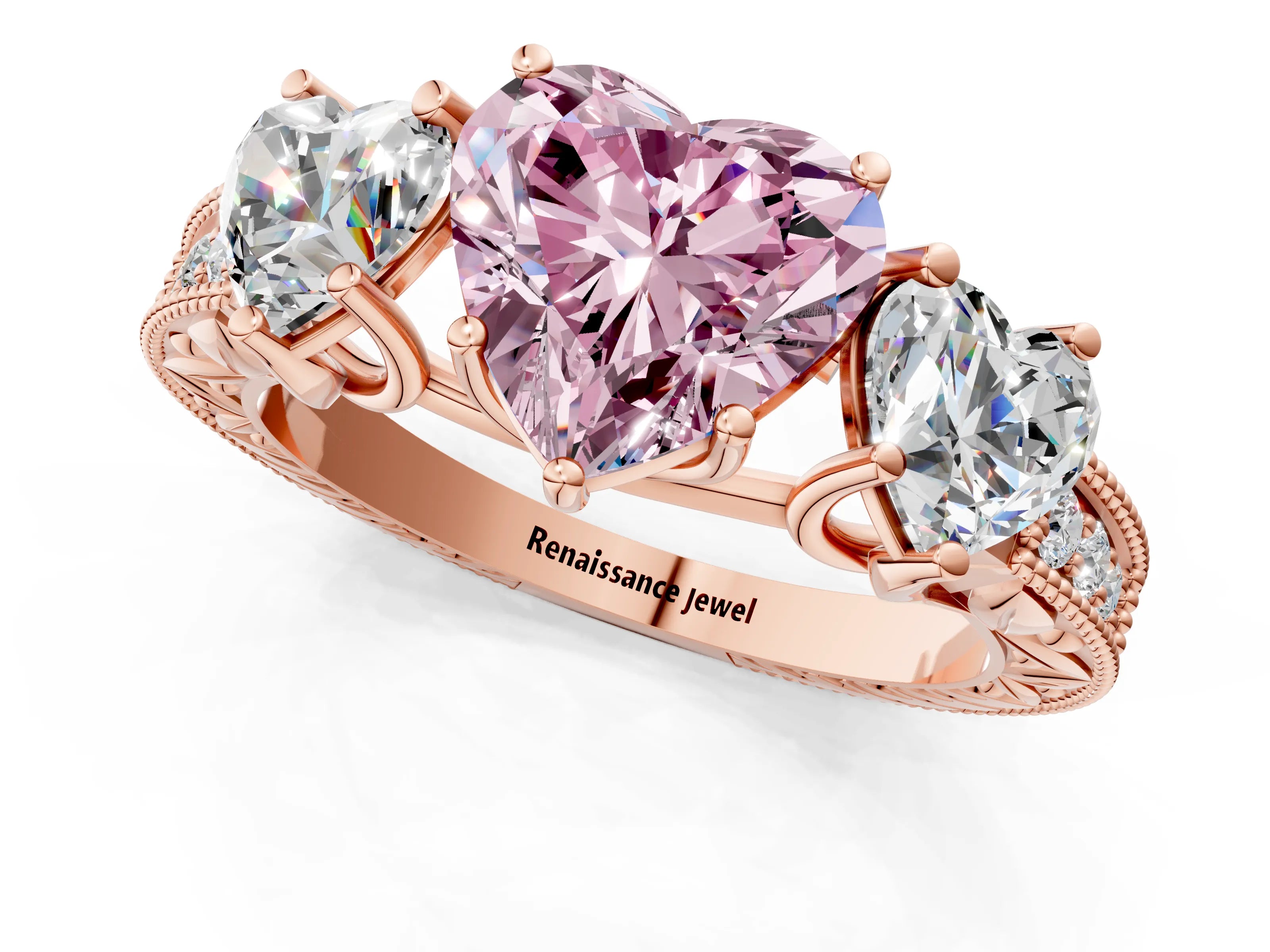 Rose gold Three-Stone Fancy Pink Heart Cut Cut Milgrain Pavé Engagement Ring_1