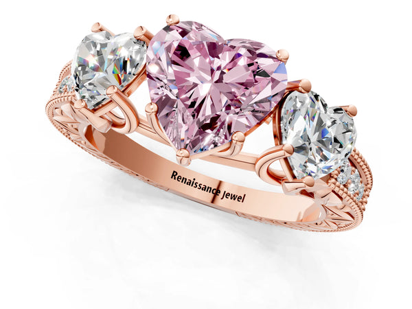 Rose gold Three-Stone Fancy Pink Heart Cut Cut Milgrain Pavé Engagement Ring