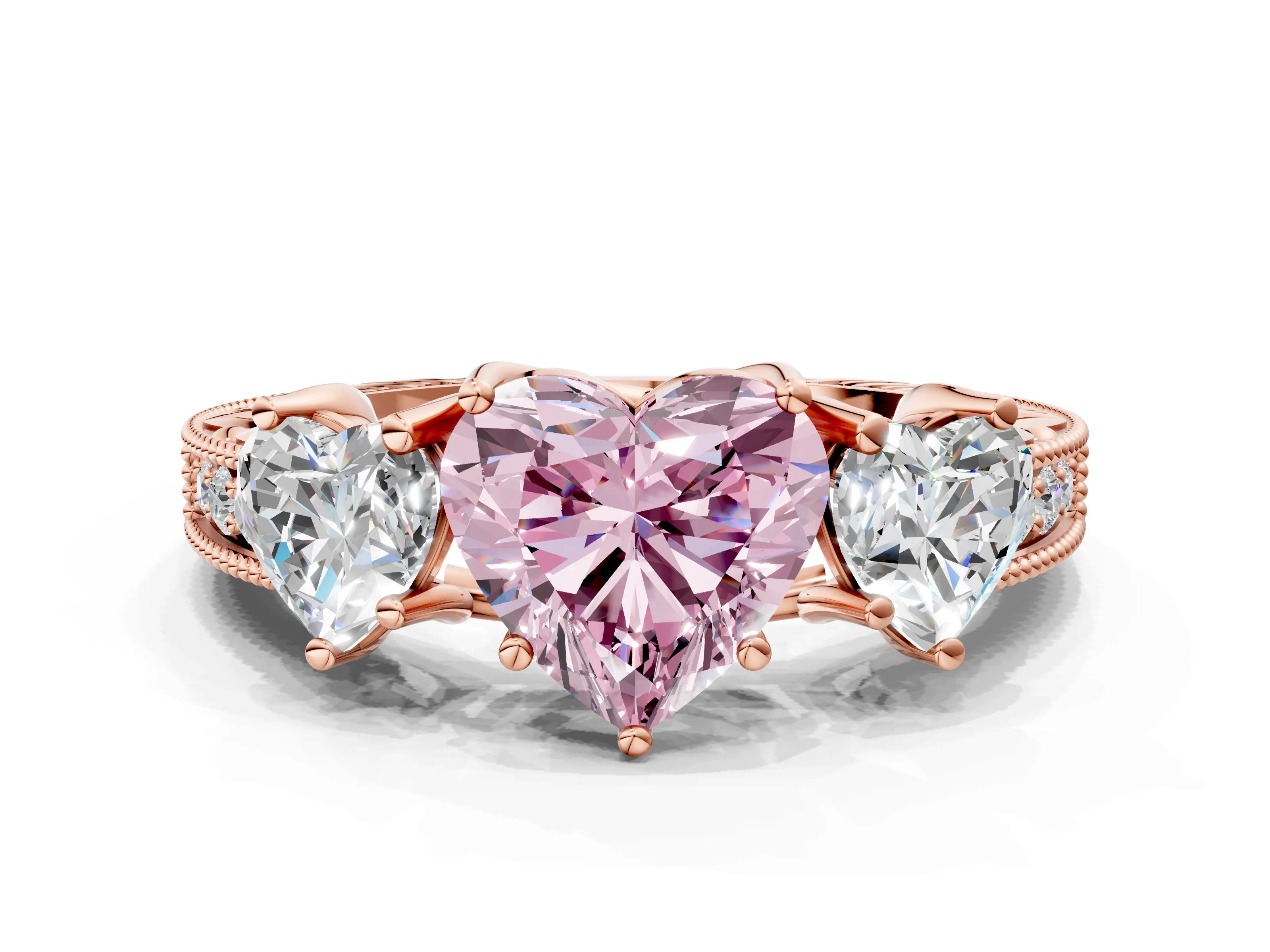 Rose gold Three-Stone Fancy Pink Heart Cut Cut Milgrain Pavé Engagement Ring_12