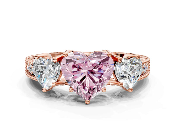 Rose Gold Heart-Shaped Engraved Three Stone Engagement Ring Setting for Fancy Pink Center
