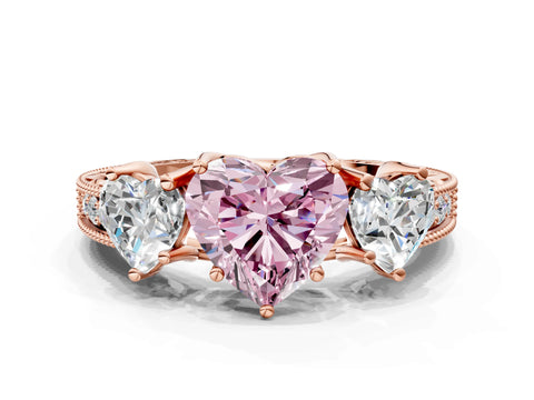 Rose gold Three-Stone Fancy Pink Heart Cut Cut Milgrain Pavé Engagement Ring_12
