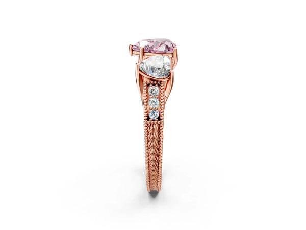 Rose Gold Heart-Shaped Engraved Three Stone Engagement Ring Setting for Fancy Pink Center
