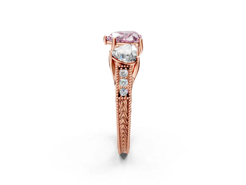Rose gold Three-Stone Fancy Pink Heart Cut Cut Milgrain Pavé Engagement Ring_14